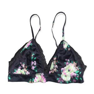 Aerie Bralette Women’s Size Medium Brown Pink Floral Shine Triangle Lace Silky‎